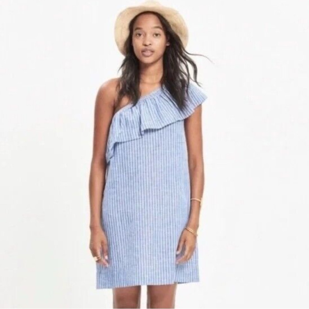 Madewell One Shoulder Ruffle Linen Cotton Striped Dress Blue White Pockets L